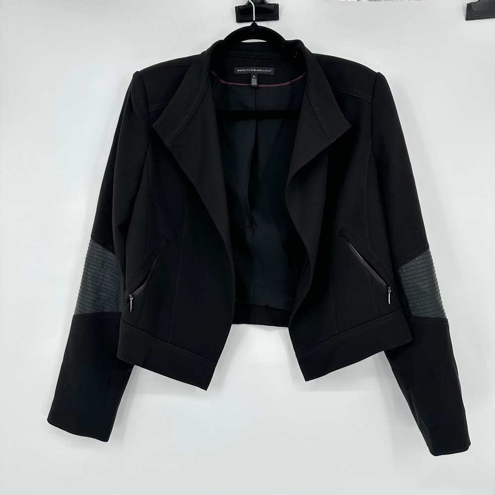 White House Black Market Black Open Front Crop Jacket Leather Elbow Moto 14